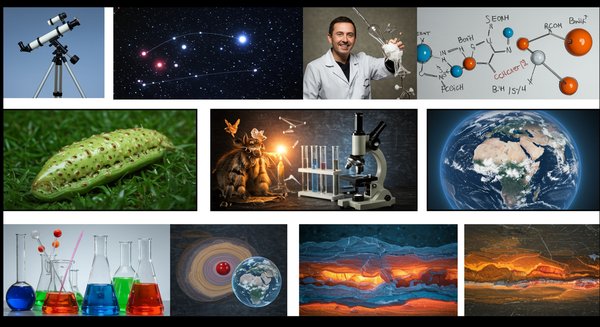 Collage of diverse scientific disciplines: astronomy with a telescope, biology with a microscope, chemistry with beakers, physics with gears, and geology with earth layers. The image also shows the impact of science on technology, medicine, and the environment.